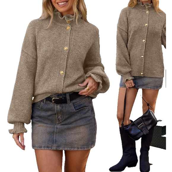 Chunky Knit Renaissance Regencycore Camel Balloon Sleeve Ruffle Cozy Cardigan L - Picture 6 of 6